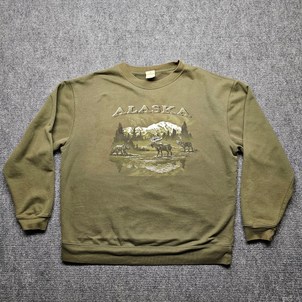 Anvil Sustainable Alaska Graphic Sweatshirt XL Olive Green Bear Moose Organic